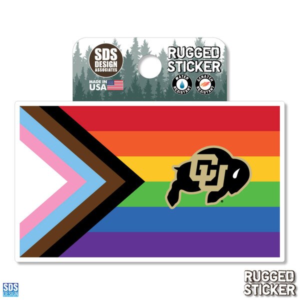 University of Colorado rugged sticker featuring the Colorado Buffaloes logo overlaid on a Progress Pride Flag background.